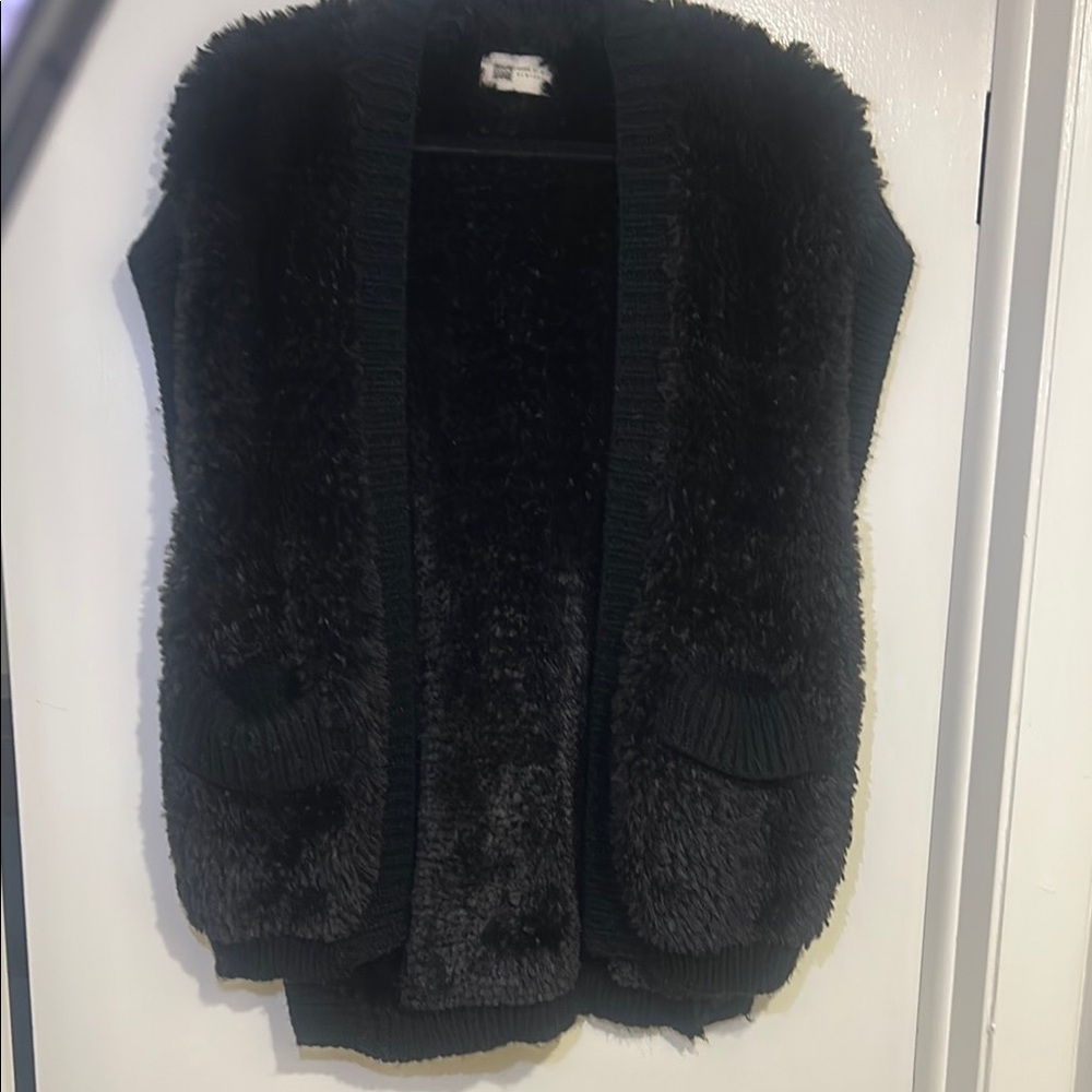 Black Fuzzy Sleeveless Cardigan.  Brand is Look by M New York.  One size.